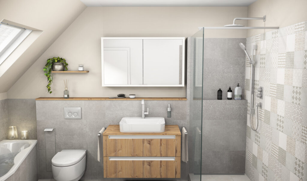 6 m² Bad mit Dachschräge in 3D mit Holzwaschtisch, Dusch-WC und Dusche mit Dekorfliesen