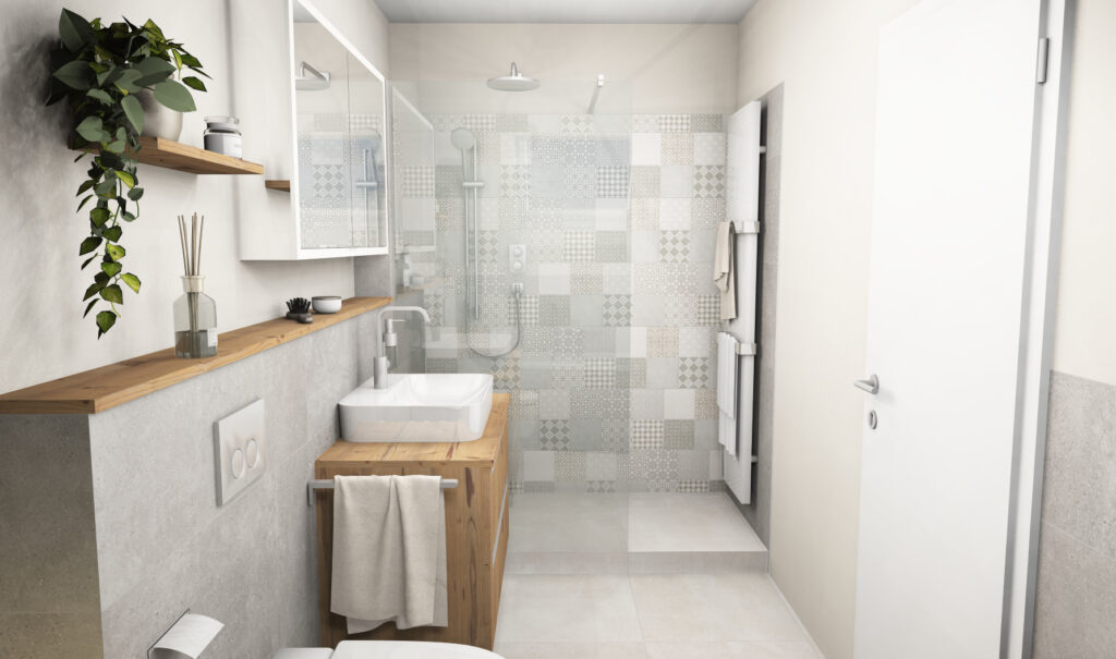 Schmales Bad mit Dachschräge in 3D mit Waschtisch in Holzoptik und Dusche mit Dekorwand