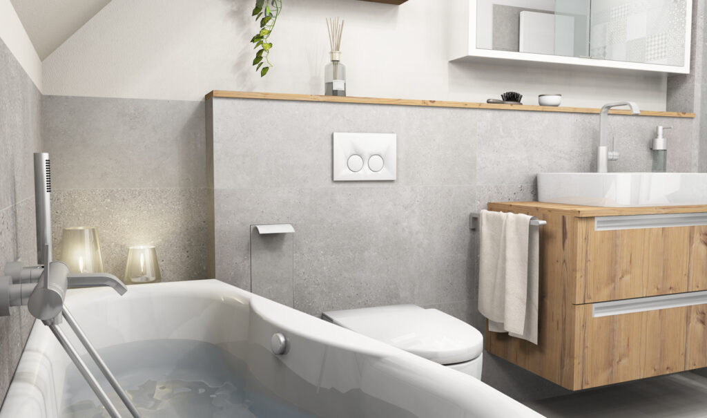 Raumsparbadewanne, Dusch-WC und Waschtisch mit Stauraum in einem 6 m² Bad mit Dachschräge