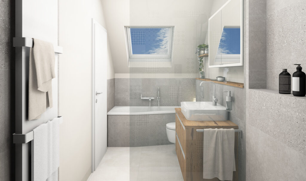 Langes Bad mit Dachschräge und Dachfenster in 3D mit Holzwaschtisch und Raumsparbadewanne
